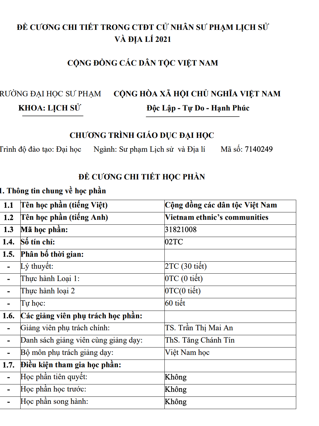 Đề cương chi tiết học phần Cộng đồng các dân tộc Việt Nam năm 2021