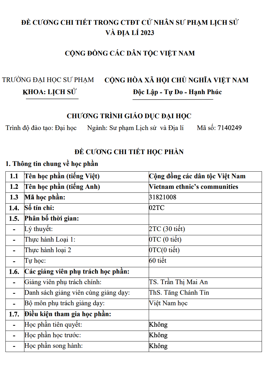 Đề cương chi tiết học phần Cộng đồng các dân tộc Việt Nam năm 2023