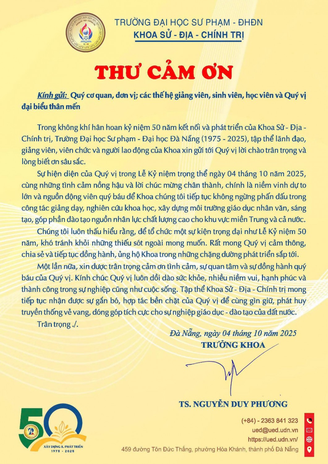 THƯ CẢM ƠN LỄ KỶ NIỆM 50 NĂM XÂY DỰNG VÀ PHÁT TRIỂN KHOA SỬ - ĐỊA - CHÍNH TRỊ (1975 - 2025)
