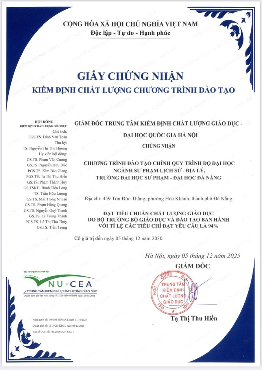 CHÚC MỪNG NGÀNH SƯ PHẠM LỊCH SỬ – ĐỊA LÝ   VINH DỰ NHẬN GIẤY CHỨNG NHẬN KIỂM ĐỊNH CHẤT LƯỢNG ĐÀO TẠO